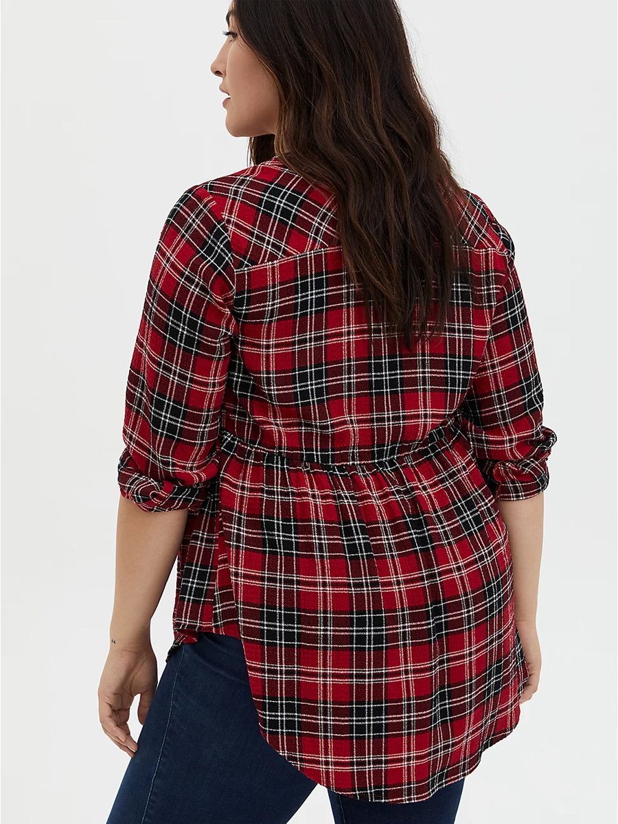Plaid V-neck Button Up Blouse