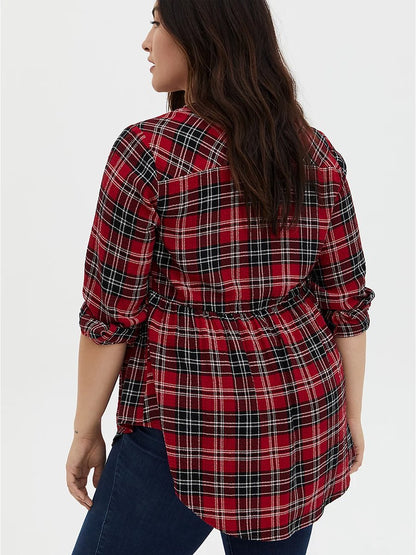 Plaid V-neck Button Up Blouse