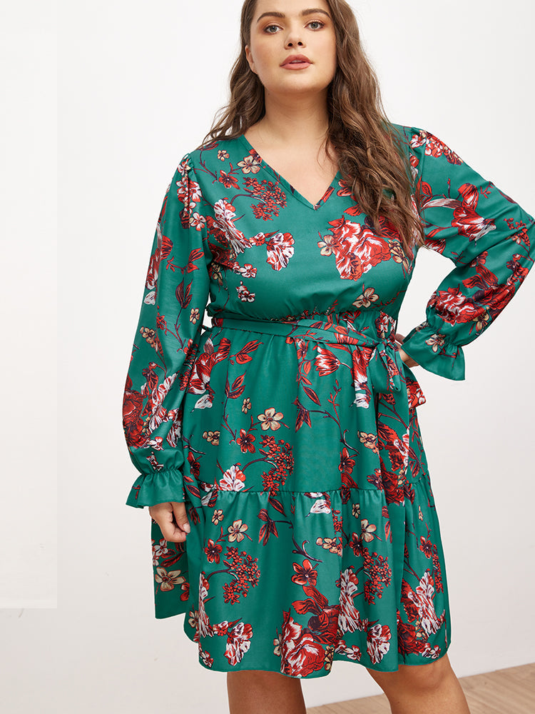 V-neck Lantern Sleeve Floral Dress