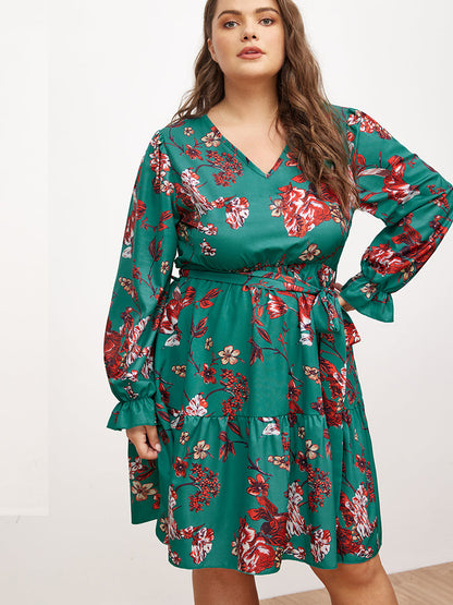 V-neck Lantern Sleeve Floral Dress