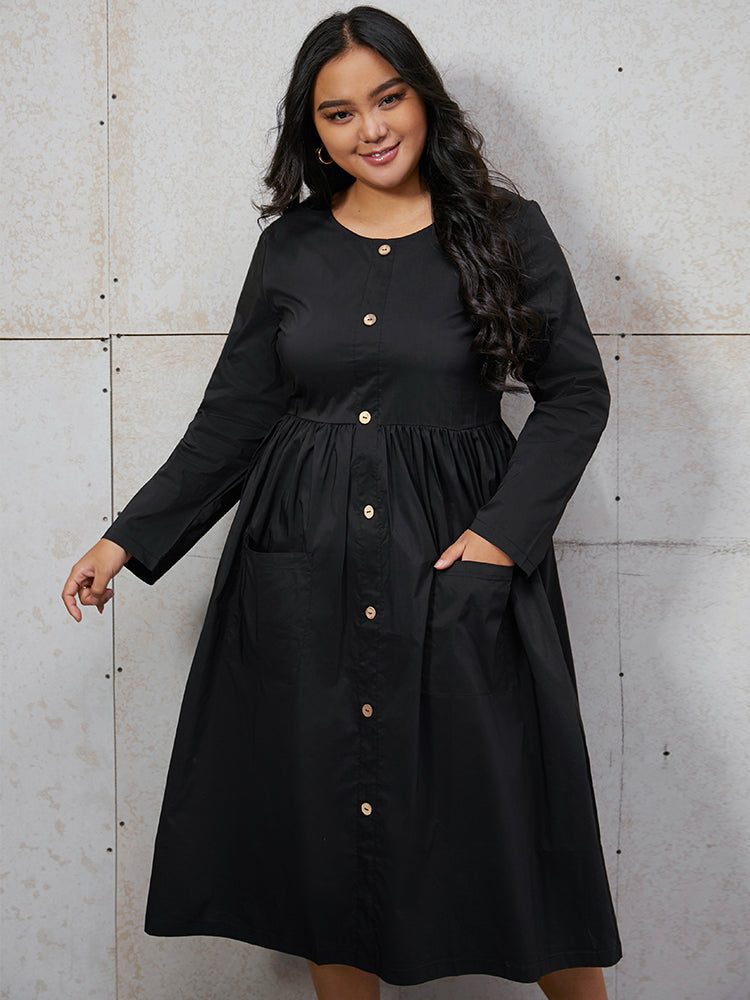 Pocket Button Front A Line Dress