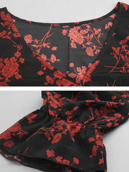 Floral Printed V-neck Tight Waist Blouse