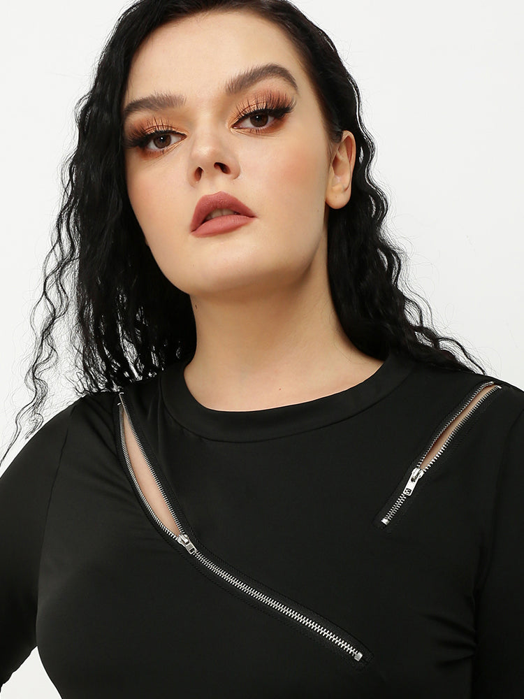 Diagonal Zipper Crew Neck T-shirt