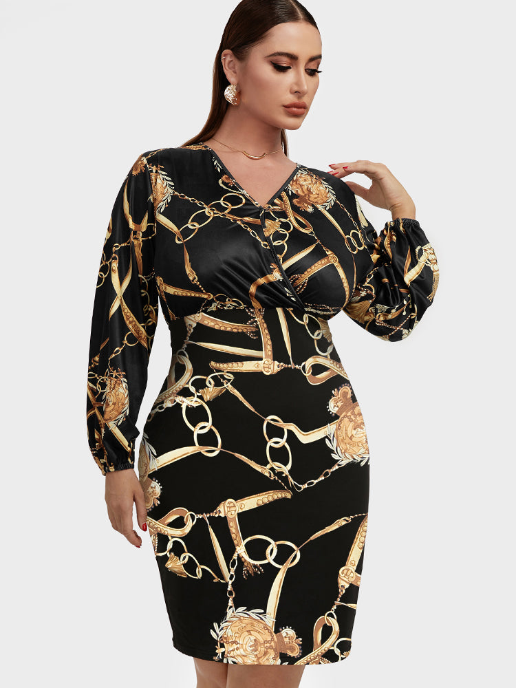Chain Print Button Bodycon Dress