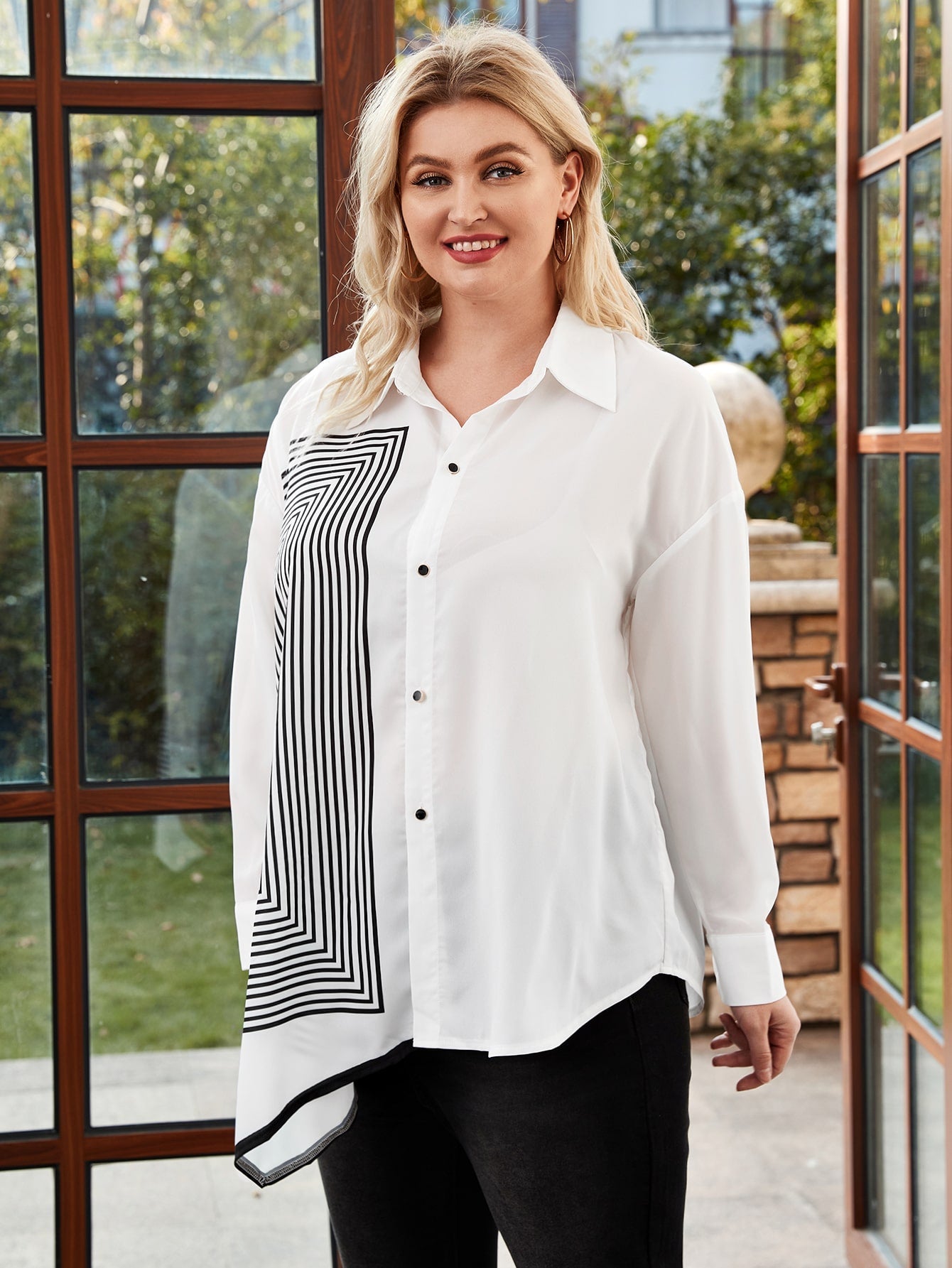 Striped Asymmetrical Hem Button Up Blouse