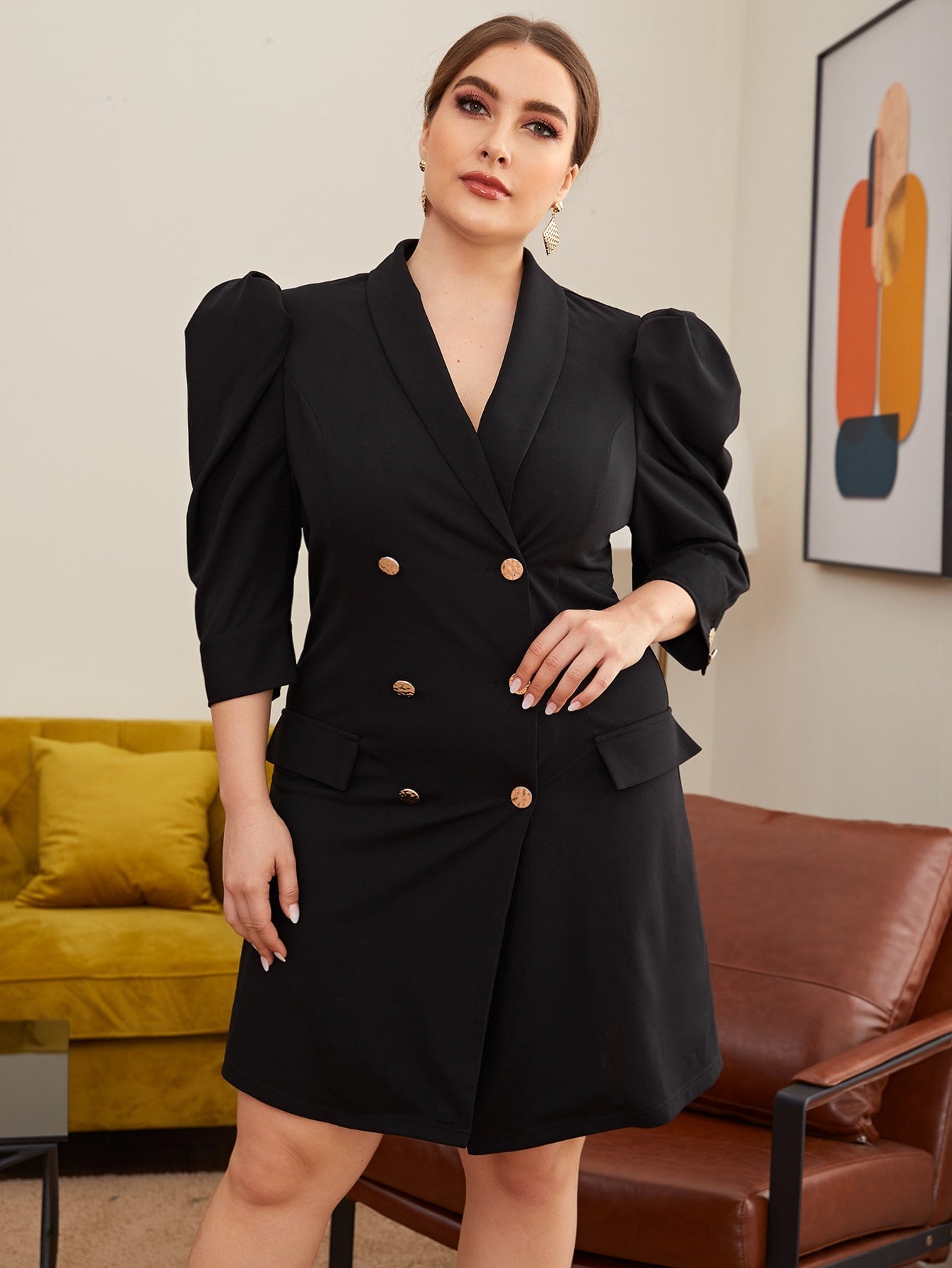 Shawl Collar Leg-of-mutton Sleeve Double Breasted Blazer Dress