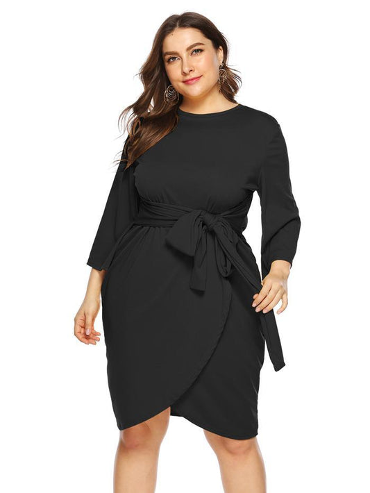 Belt Round Neck Solid Color Dress