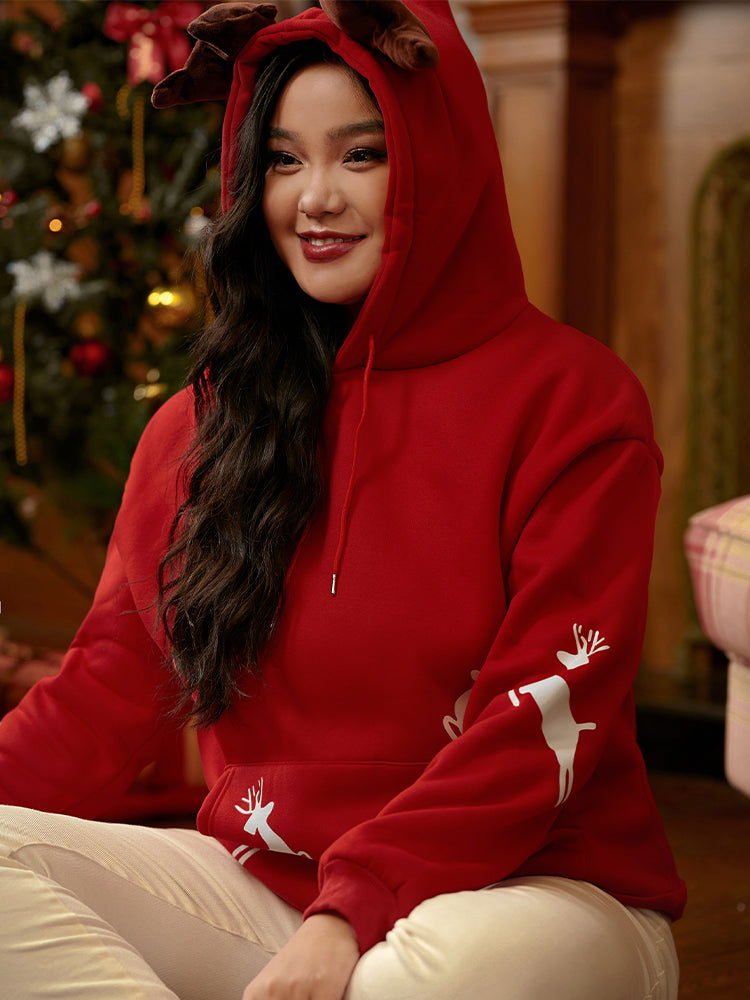 Christmas Elk Drawstring Pocket Sweatshirt