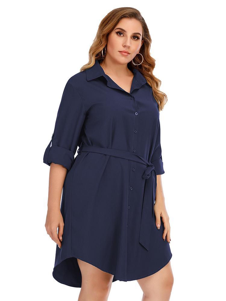 Single0breasted Belt Lapel Shirt Dress
