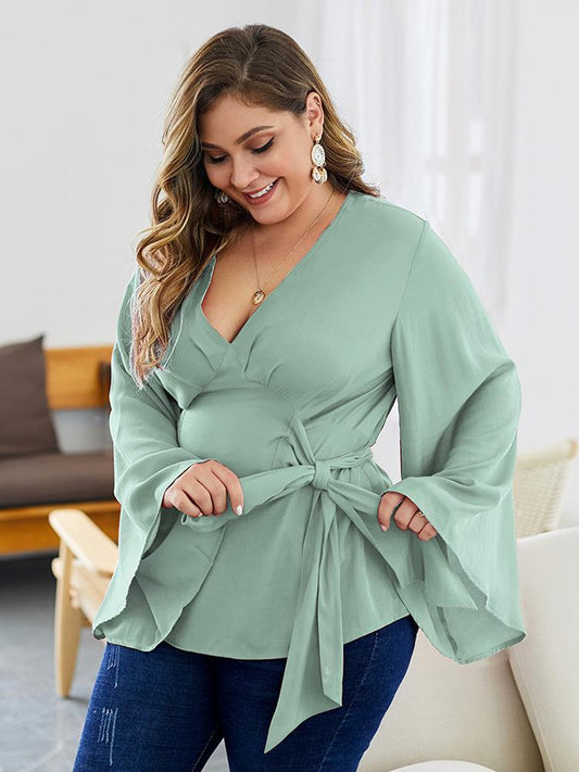 Flared Sleeves Belt V-neck Blouse