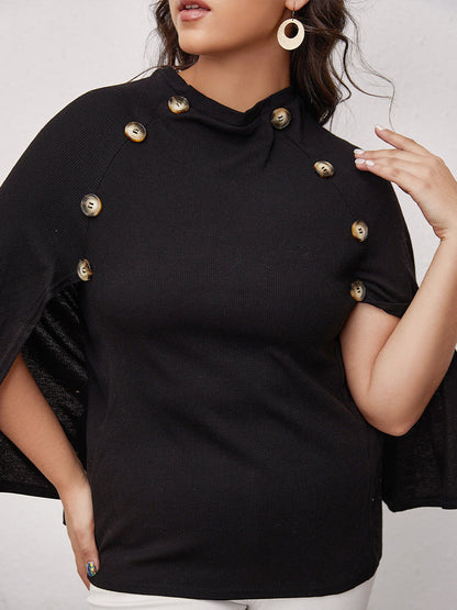 Button Bat Sleeve Round Neck Blouse