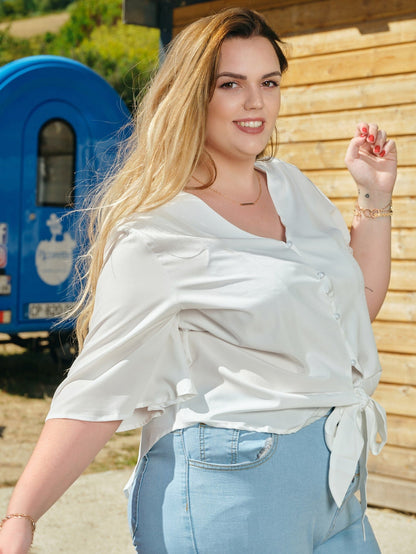 Solid Button Through Tie Front Blouse