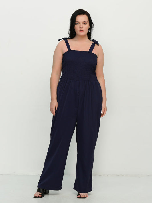Knotted Shoulder Shirred Jumpsuit