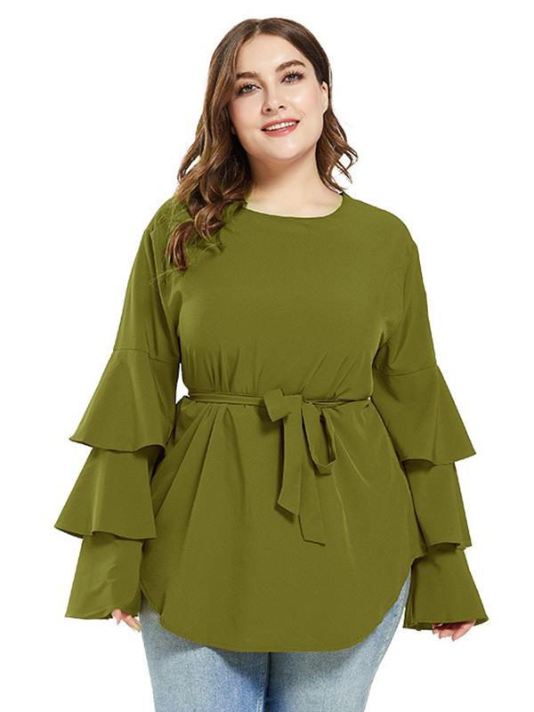 Ruffle Sleeve Belt Solid Blouse