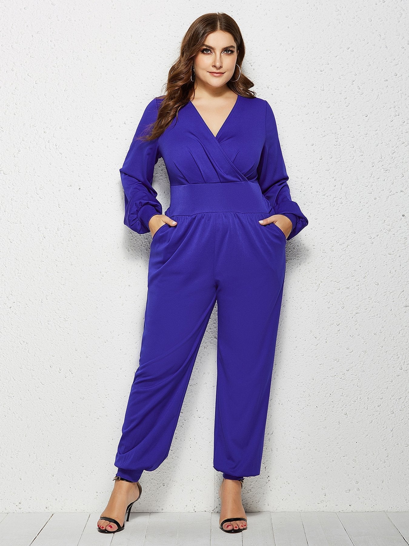 V-neck Wrap Solid Color Jumpsuits