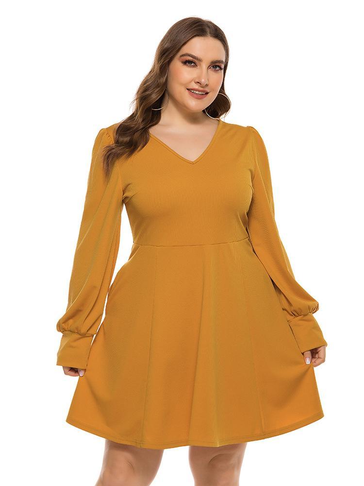 V-neck Lantern Sleeve Solid Color Dress
