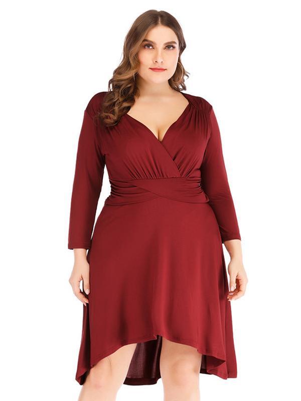 V-neck Creasing Solid Dress
