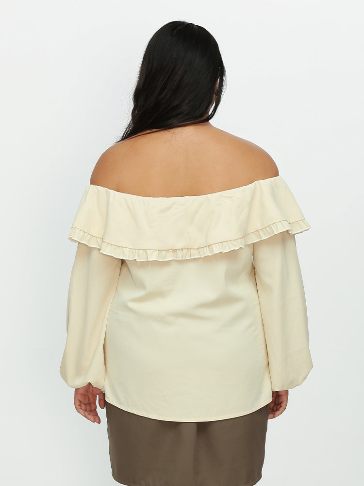 Ruffle Trim Button Lantern Sleeve Blouse