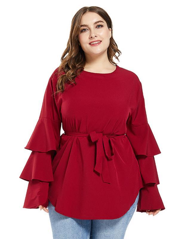 Ruffle Sleeve Belt Solid Blouse