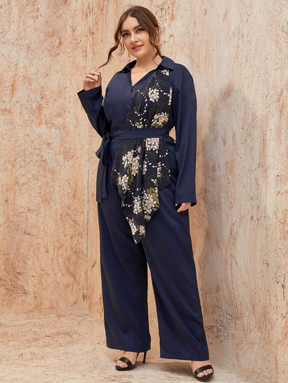 Floral Print Belted Zipper Wide-leg Jumpsuit