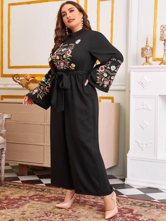Bell Sleeve Floral Embroidered Belted Jumpsuit