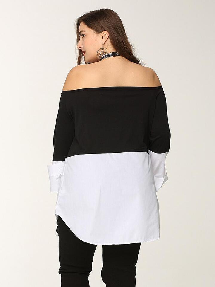 Patchwork Off-shoulder Mid Length Blouse