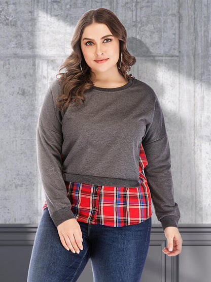 Plaid Patcwork Round Neck T-shirt