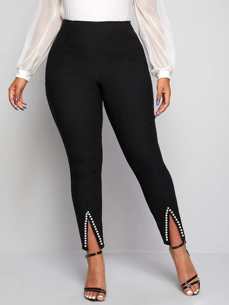 Beaded Slit Solid Bodycon Pants