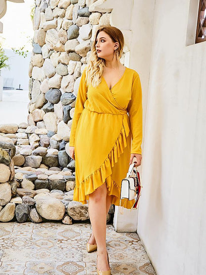 Ruffle V-neck Wrap Solid Color Midi Dress