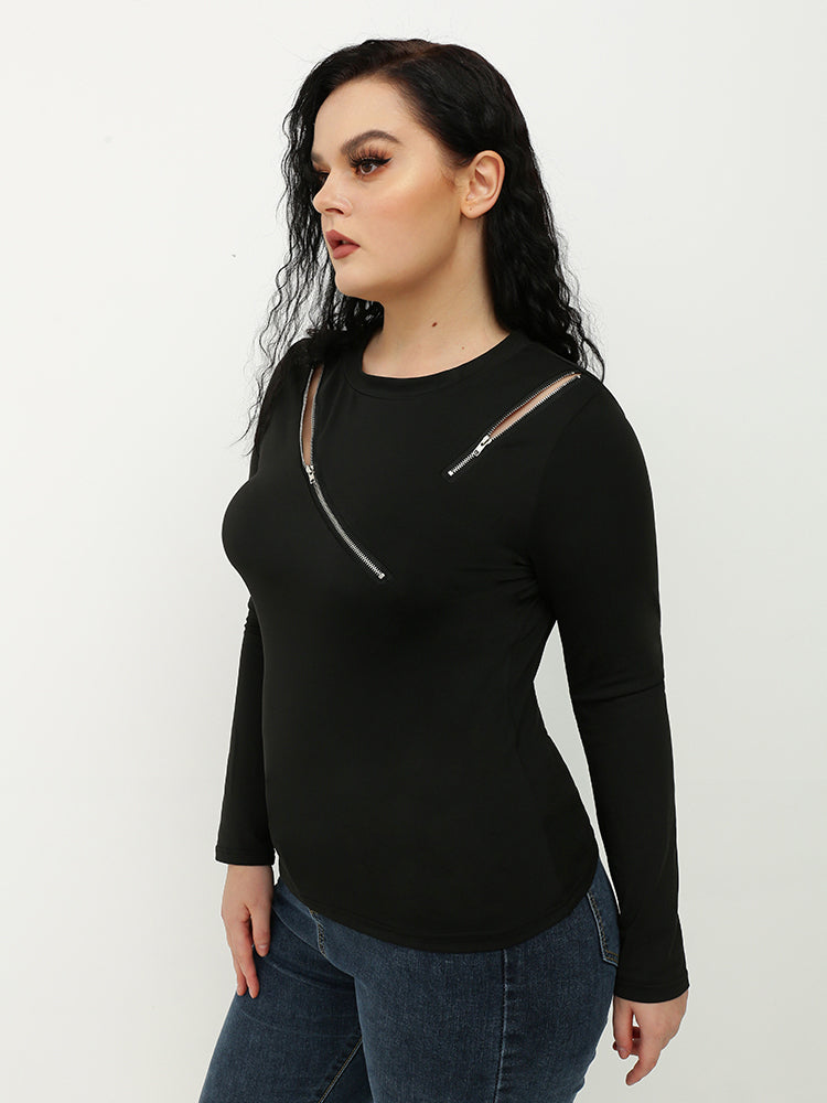 Diagonal Zipper Crew Neck T-shirt