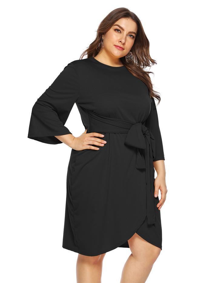 Belt Round Neck Solid Color Dress