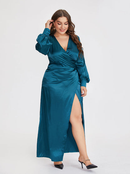 High Split Wrap V-neck Lantern Sleeve Dress