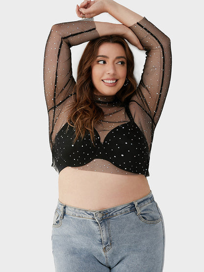 Galaxy Print Mesh Mock Neck Bodycon T-shirt