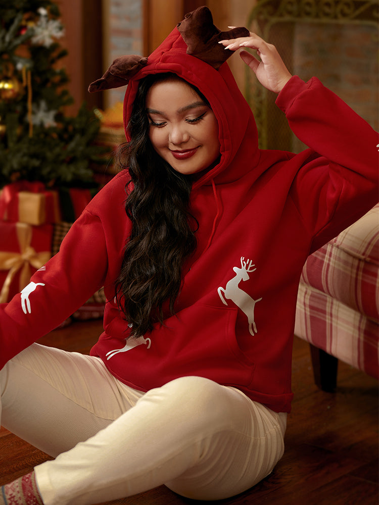 Christmas Elk Drawstring Pocket Sweatshirt