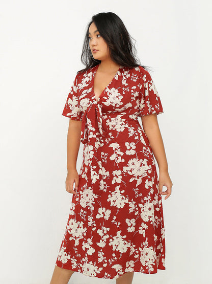 Knot Front V-Neck Floral Dress