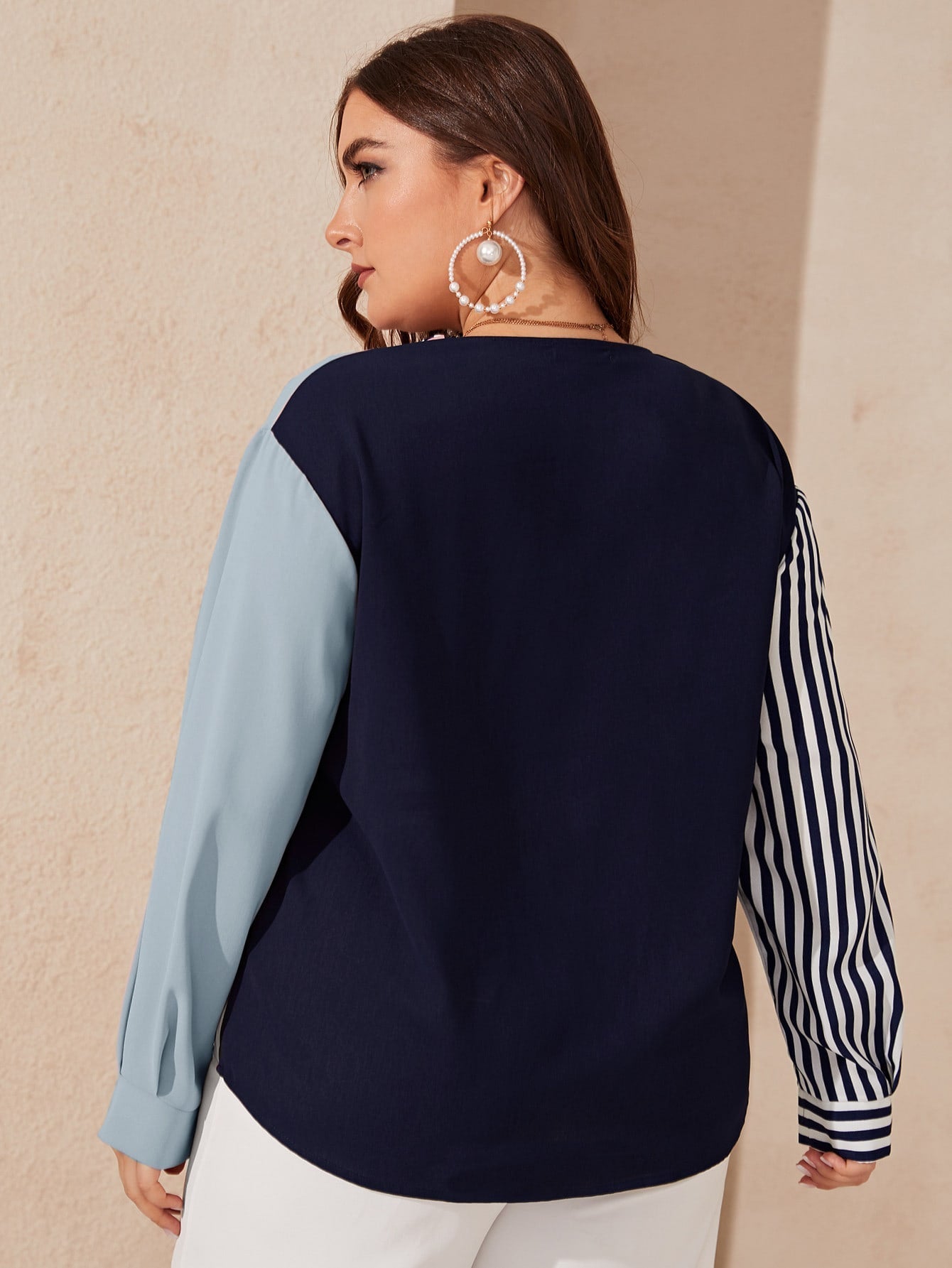 Collared Colorblock Striped Sleeve Blouse