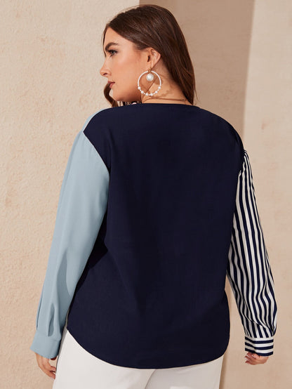 Collared Colorblock Striped Sleeve Blouse