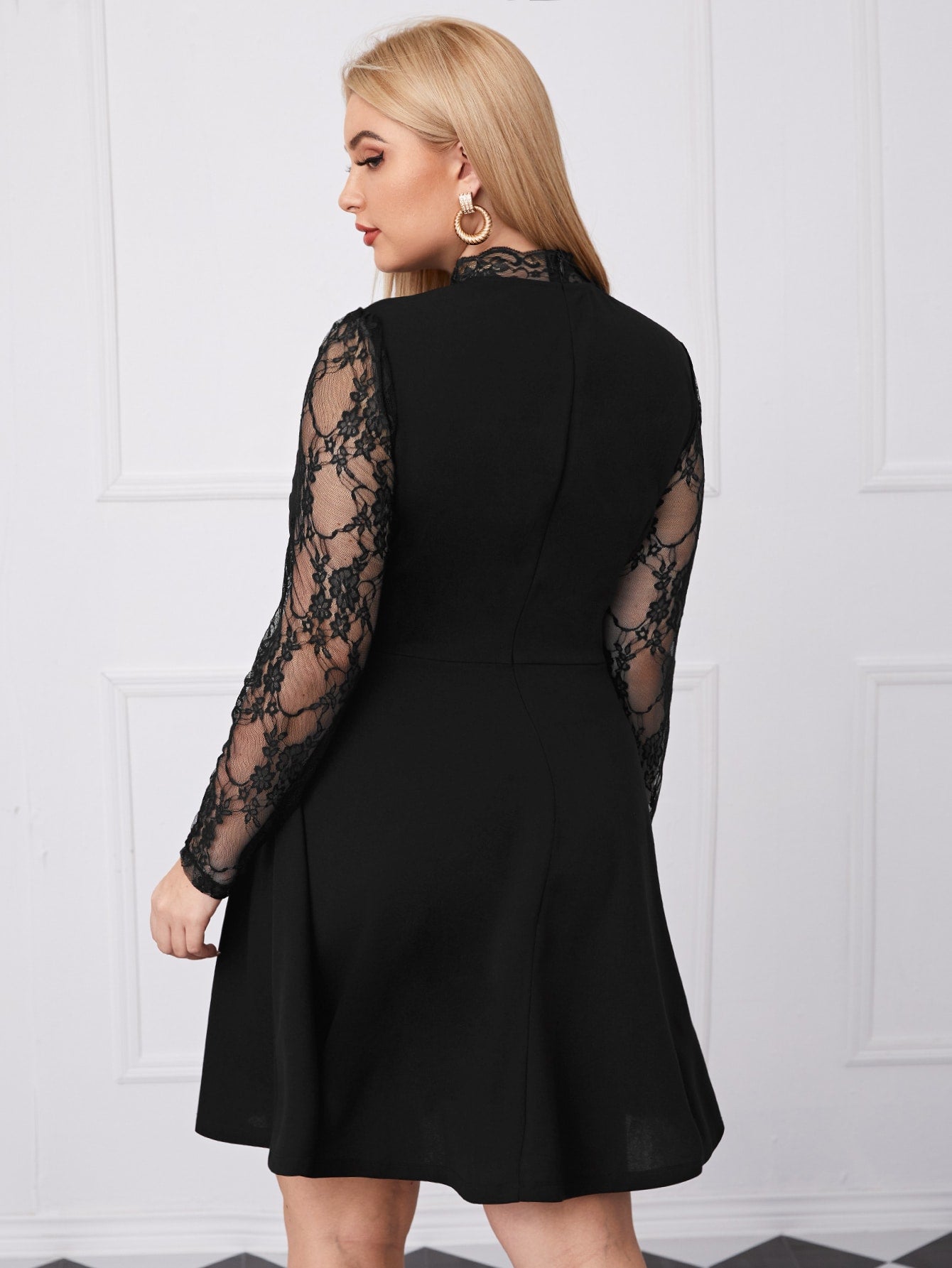 Mock-Neck Lace Yoke and Sleeve Dress