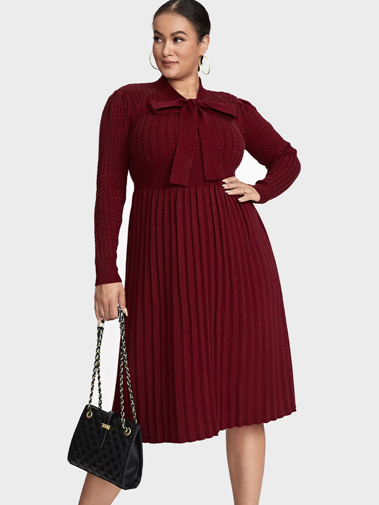 Tie Neck Bowknot Pleated Sweater Dress