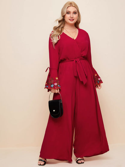 Embroidery Cuff Wide Leg Belted Jumpsuit
