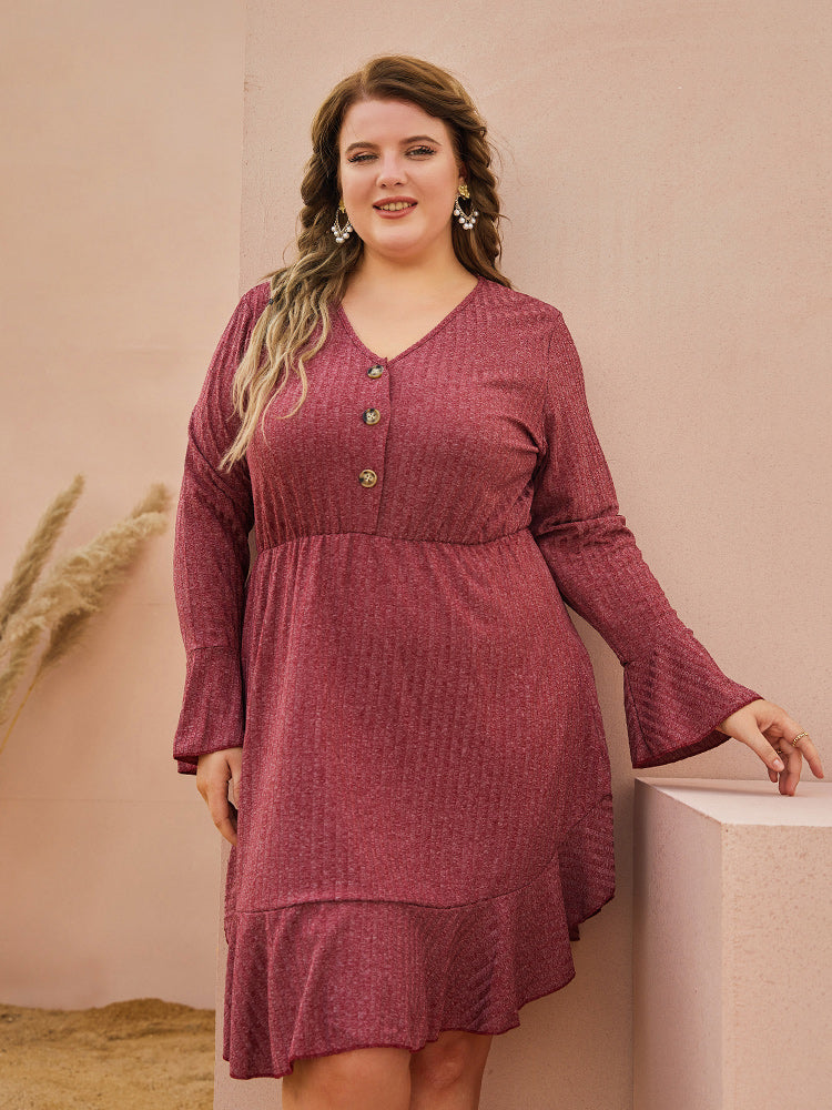 V-Neck Ruffle Button Dress