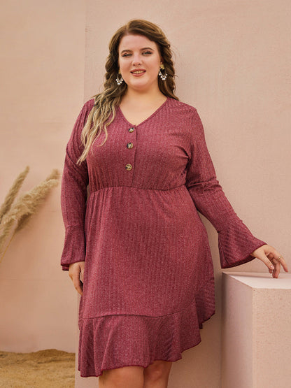 V-Neck Ruffle Button Dress