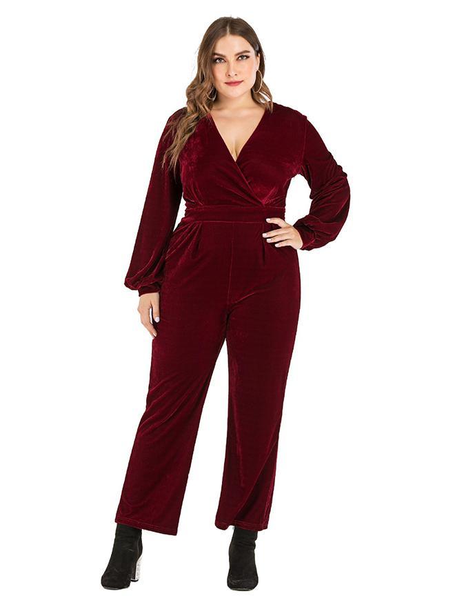 Velvet V-neck Solid Color Jumpsuits