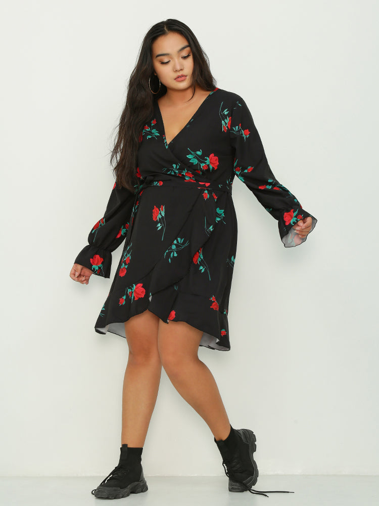 Irregular Hem Ruffled Floral Dress