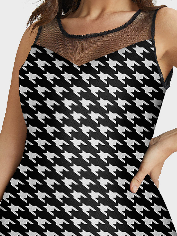 Houndstooth Print Contrast Mesh Sleeveless Dress