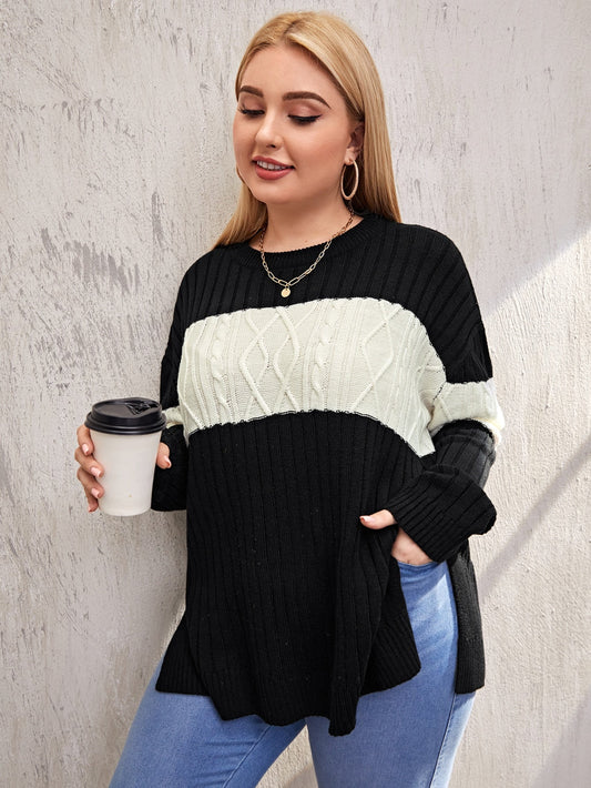 Color Block Drop Shoulder Split Hem Sweater
