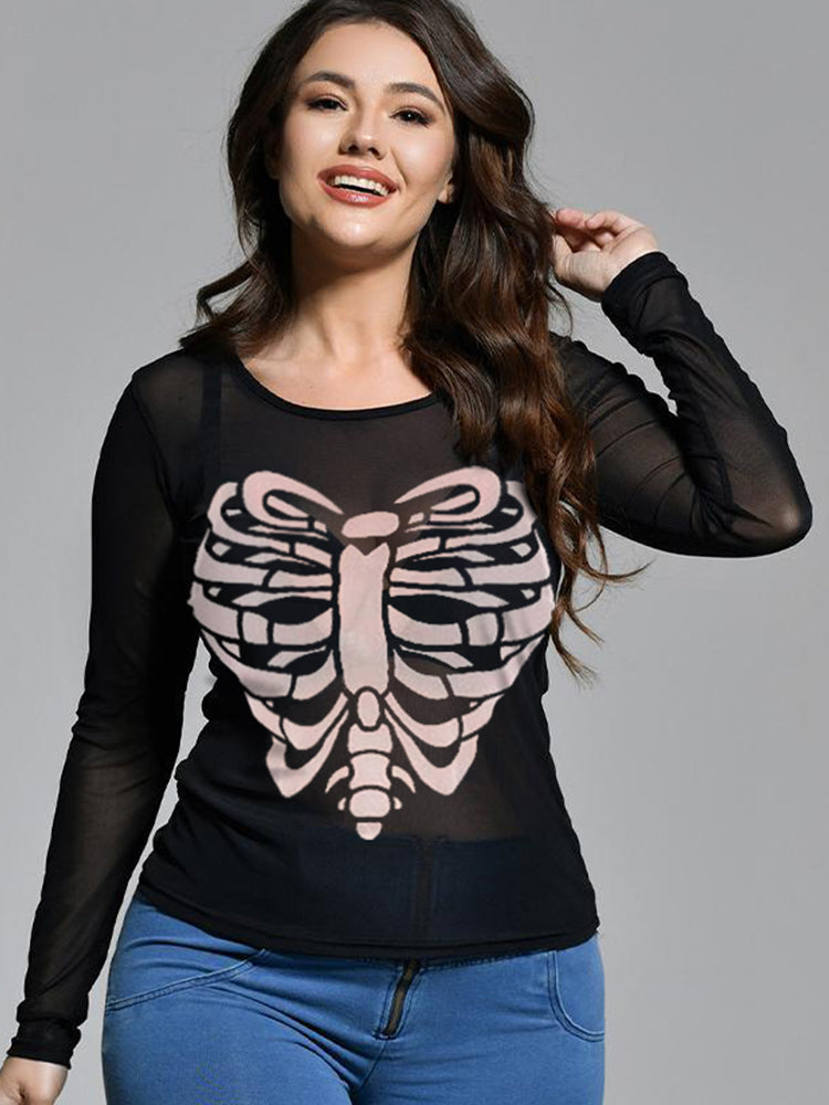 Halloween Skull Print Mesh T-shirt