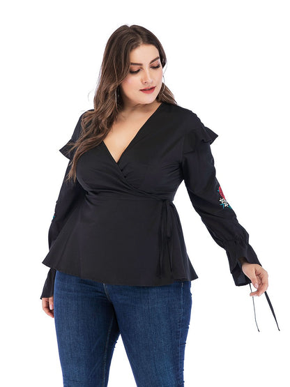 Embroidery Ruffle Sleeve Wrap Blouse