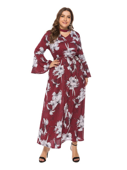 Floral Printed Hollow Out Flared Sleeve Maxi Dress