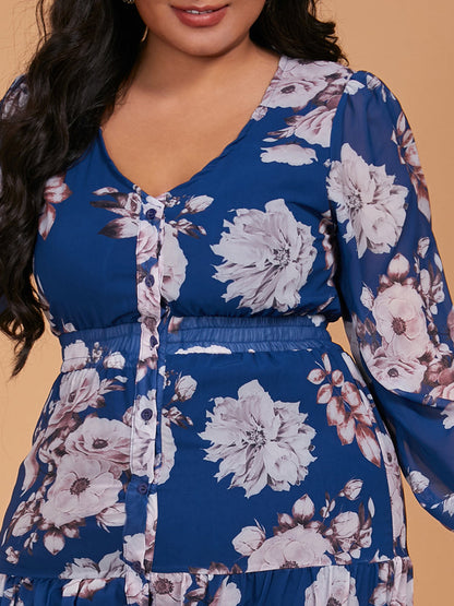 Floral Print Button Ruffle Hem Dress